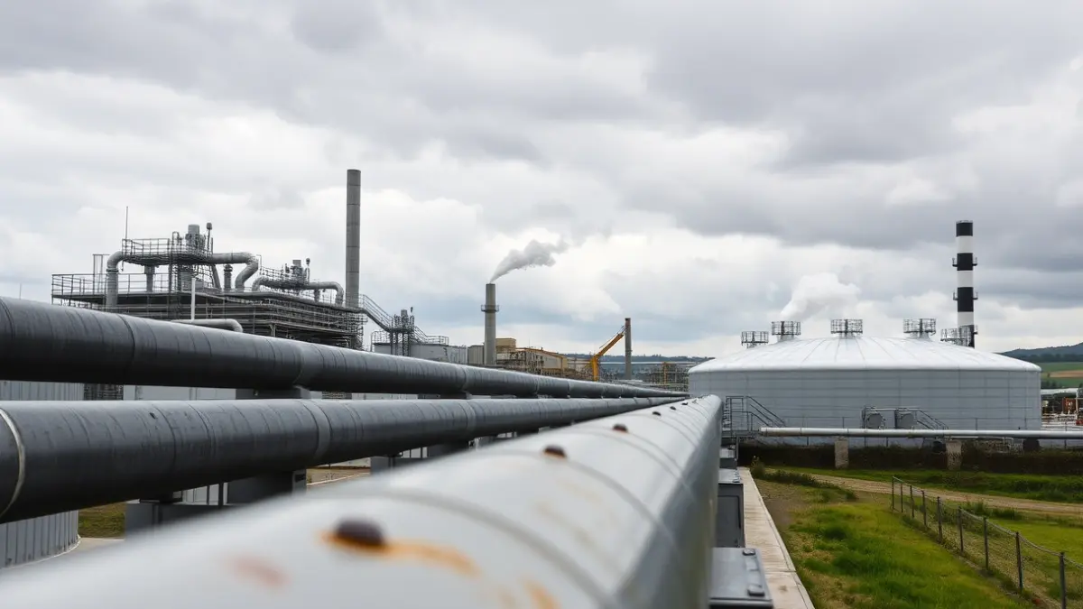 Imaxe dunha planta de biodiésel con tubaxes e tanques industriais.