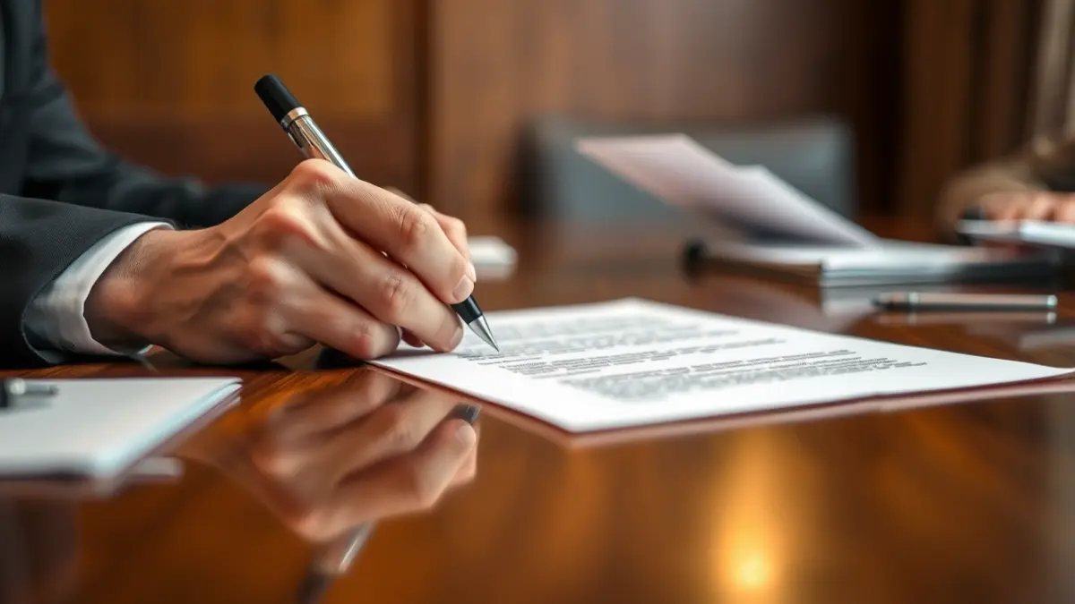 Imaxe xenérica de mans asinando un documento nunha mesa de madeira.