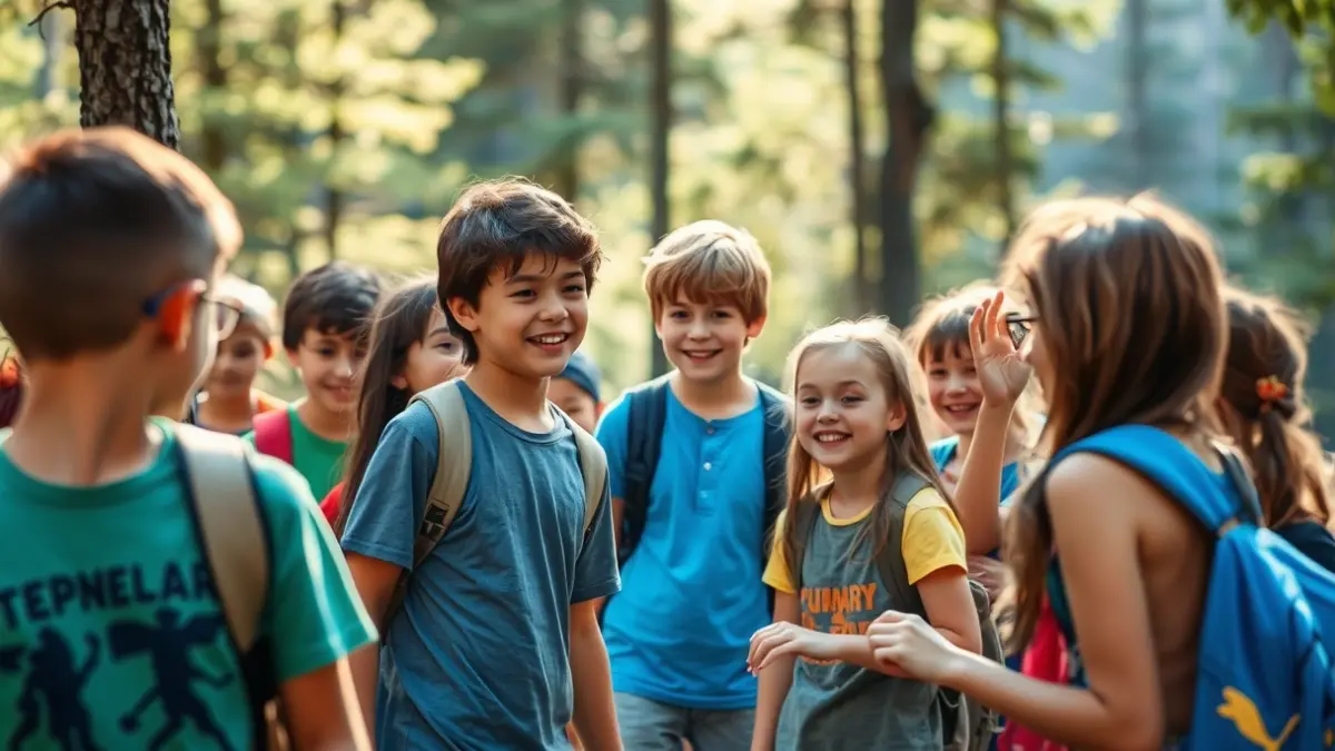 Imaxe xenérica de mozos participando en actividades ao aire libre nun campamento de verán.
