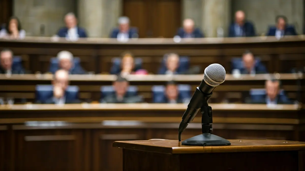 Imaxe xenérica dun micrófono nun podio nunha sala parlamentaria.