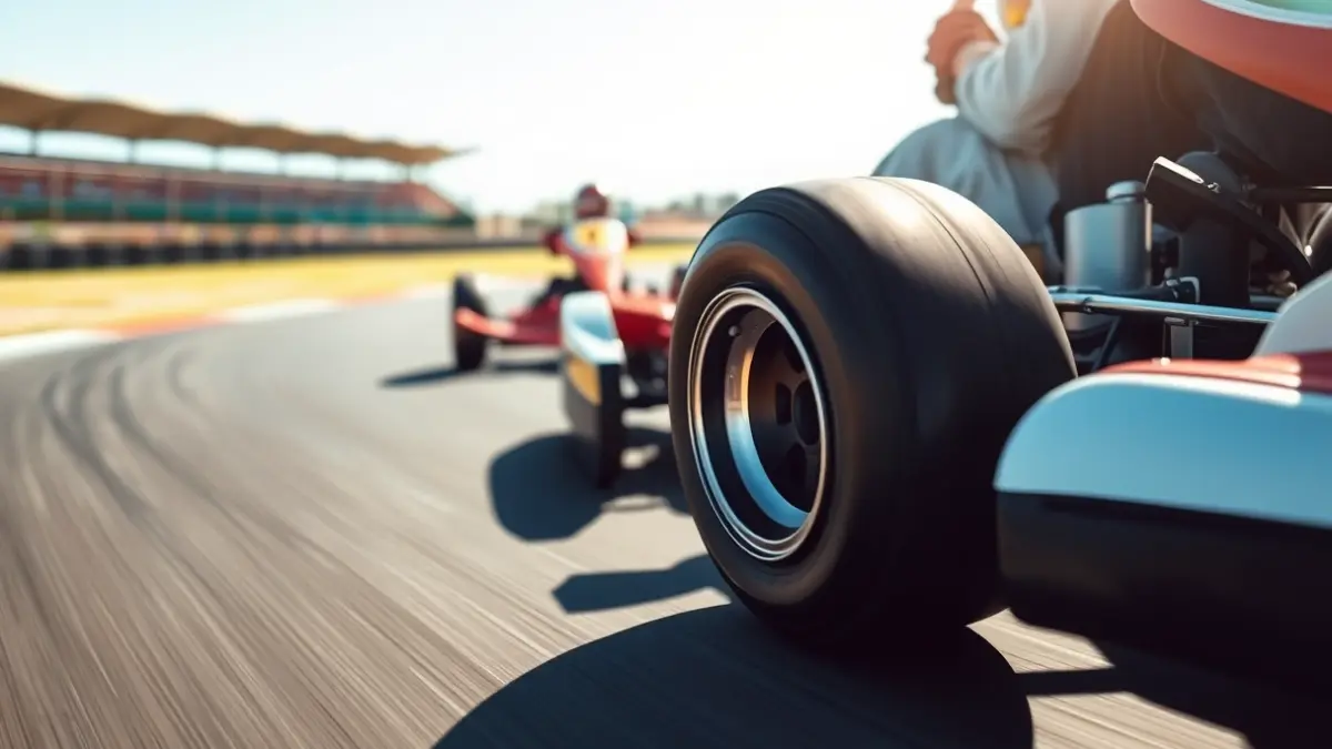 Imaxe xenérica dunha roda de karting nun circuíto.