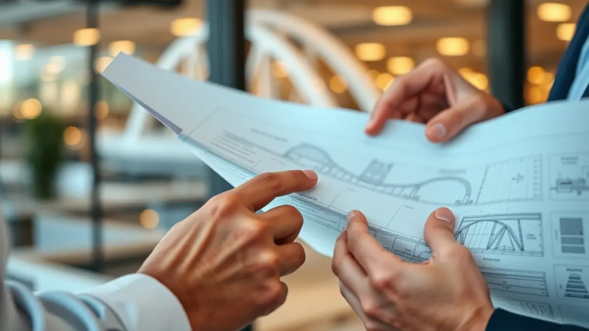 Imaxe xenérica de mans colaborando sobre un plano de infraestruturas.