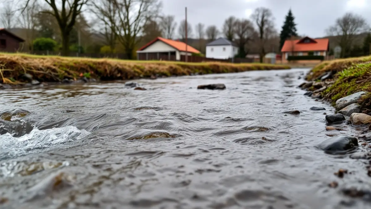 Imaxe dun regato desbordado en Valdecorvos, Pontevedra, con vivendas ao fondo.