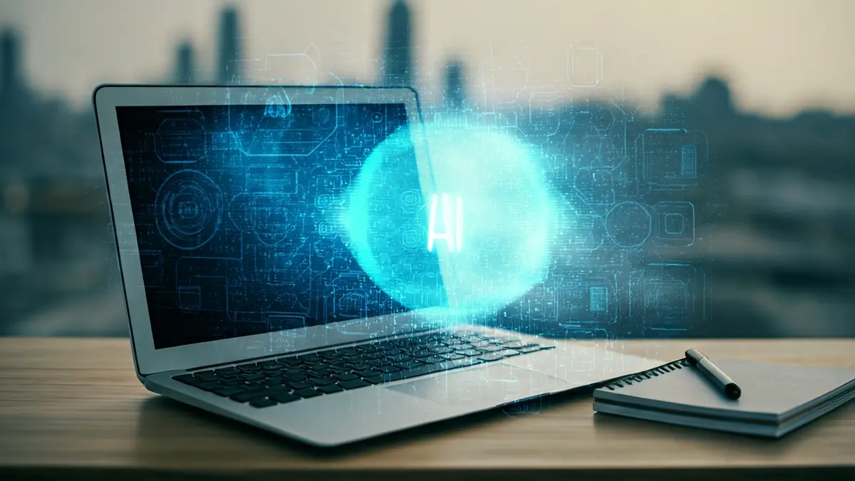 Imaxe xenérica dun escritorio de oficina con elementos de intelixencia artificial.