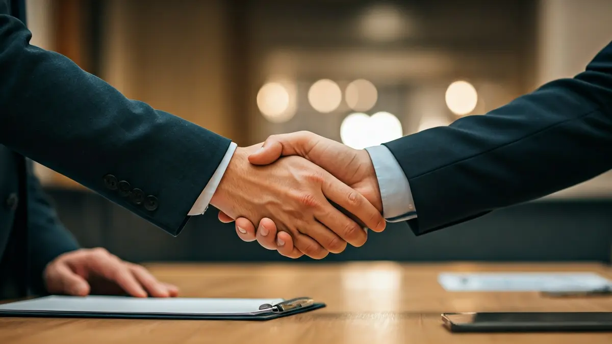 Imaxe xenérica de dúas mans estreitándose sobre unha mesa con papeis, simbolizando un acordo ou diálogo.