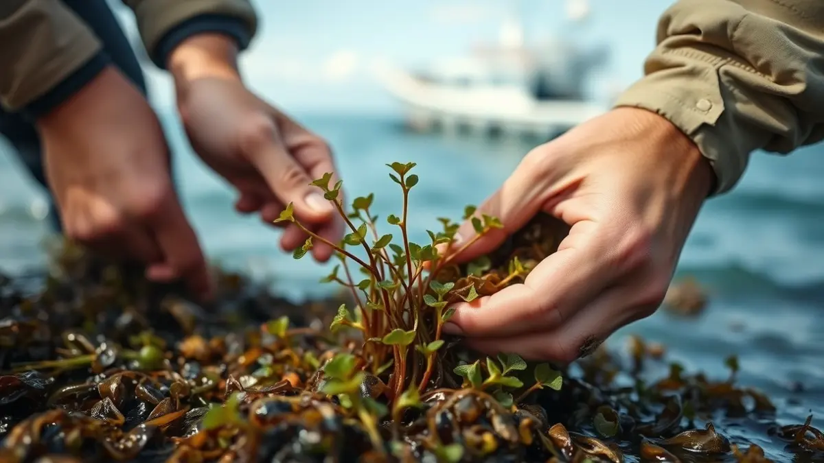 Imaxe de mans plantando laminarias no mar, simbolizando a restauración mariña.