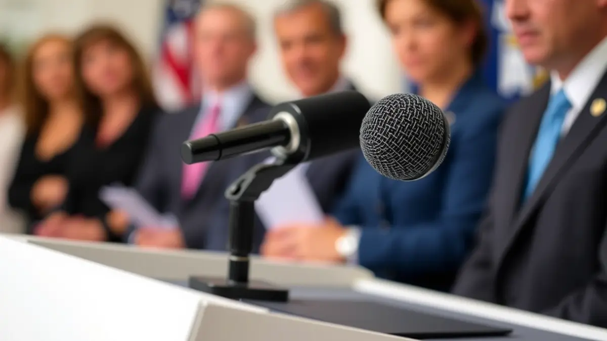 Imaxe xenérica dun micrófono nun atril, suxerindo unha rolda de prensa ou declaración oficial.