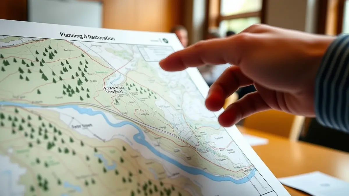 Imaxe dunha man sinalando un mapa de restauración forestal.