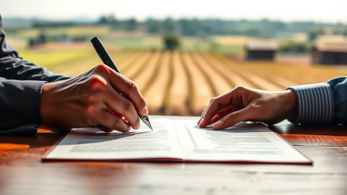 Imaxe xenérica de mans asinando documentos, con campos agrícolas de fondo.