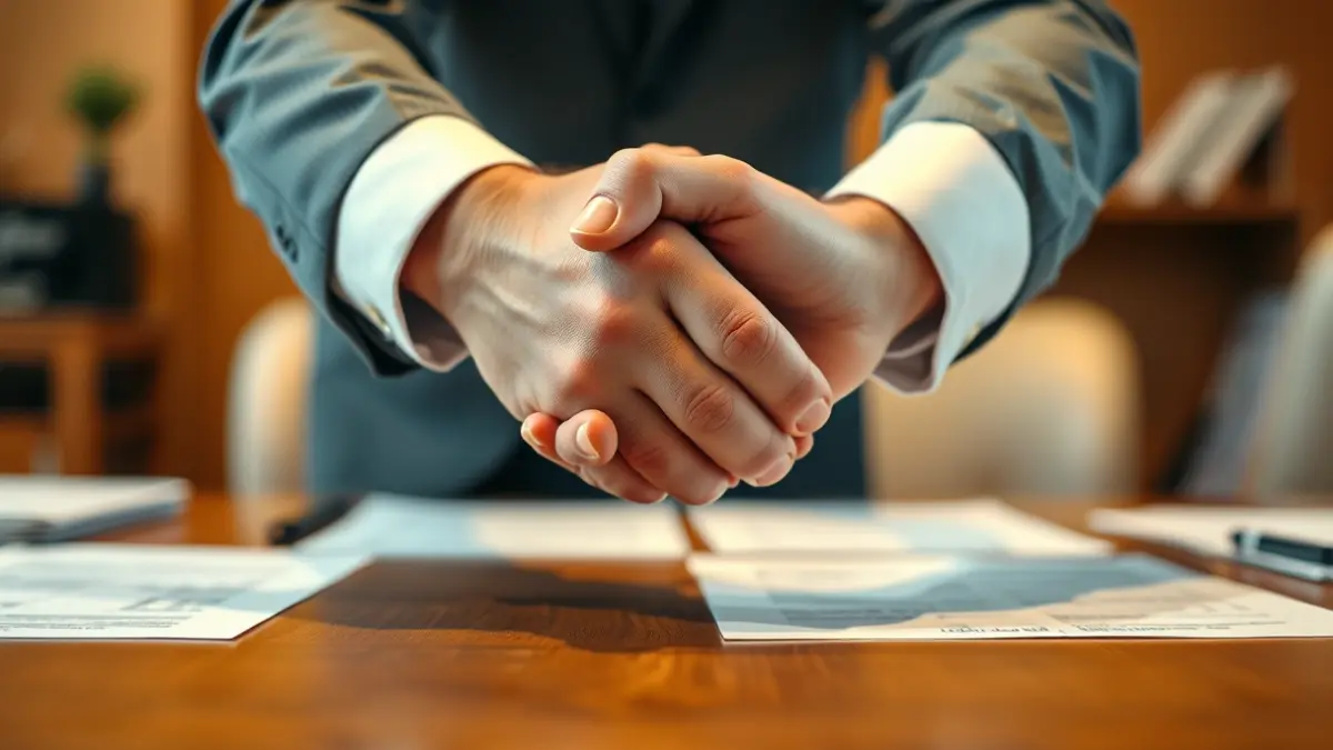 Imagen genérica de manos estrechándose sobre una mesa con documentos, simbolizando acuerdos o colaboración.
