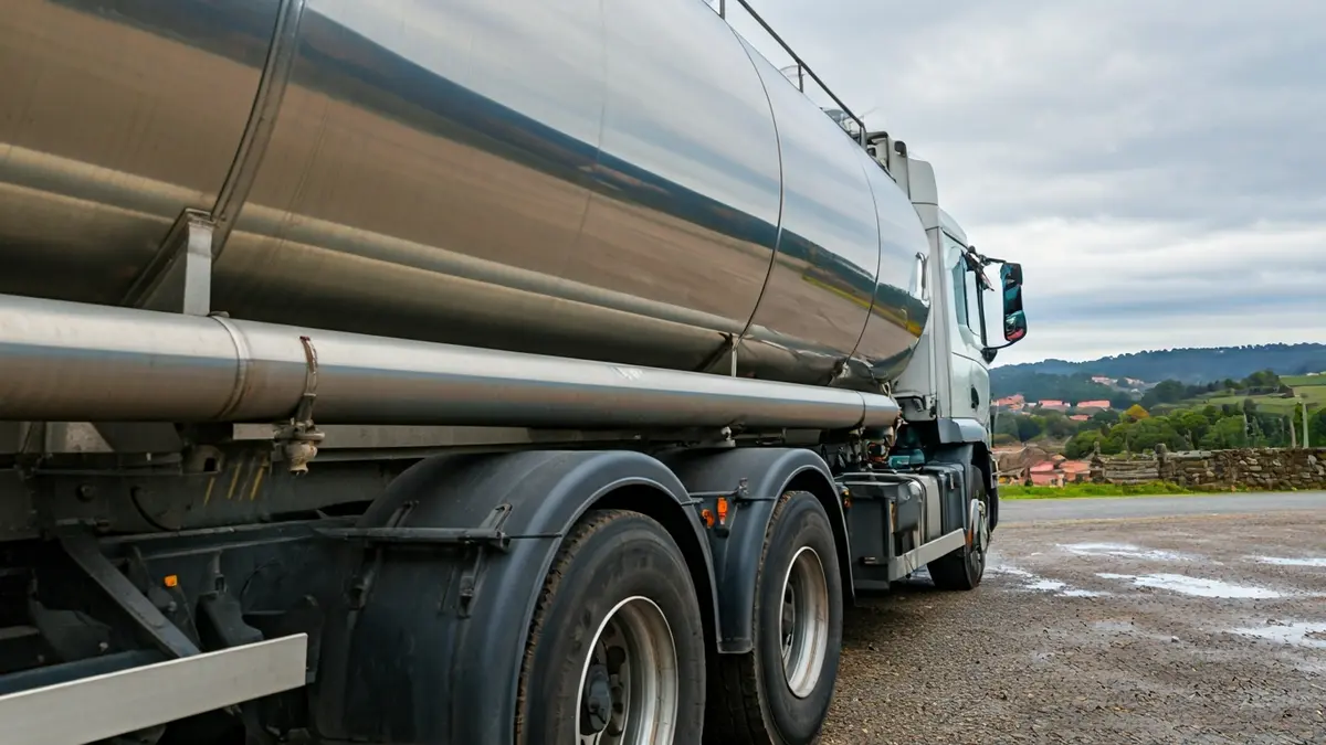 Imagen genérica de un camión cisterna de leche en un paisaje rural gallego.