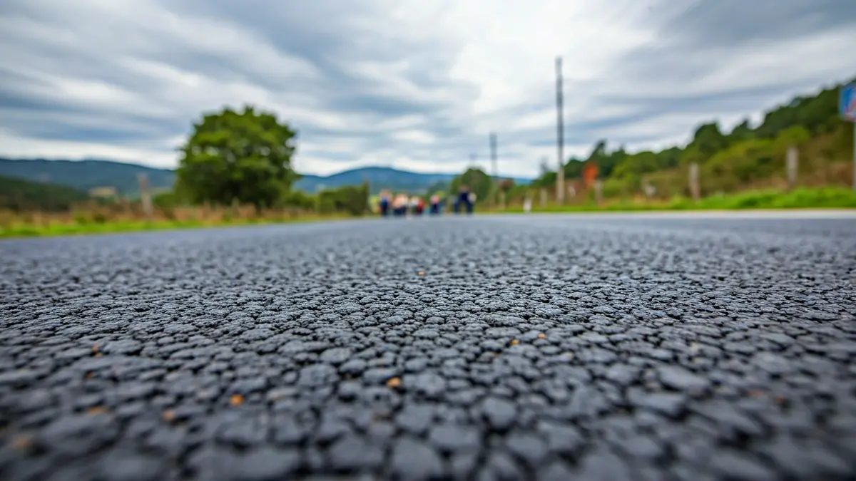 Imaxe xenérica de asfalto novo nunha estrada rural galega, con vexetación borrosa ao fondo.