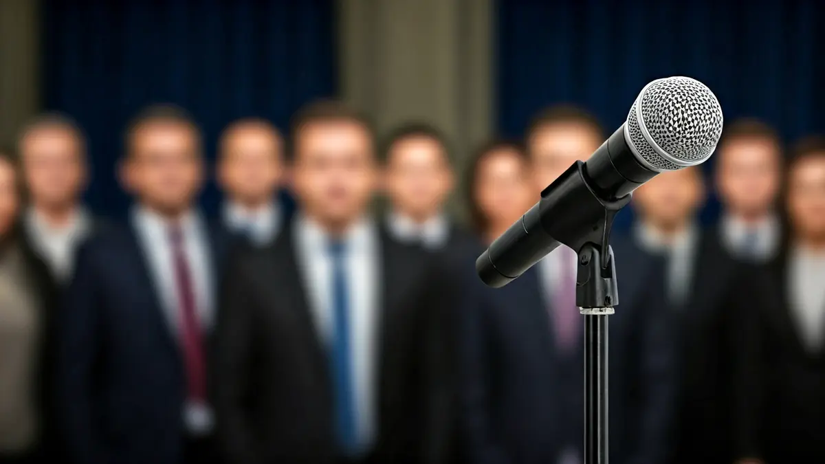 Imaxe xenérica dun micrófono nun podio durante unha rolda de prensa.
