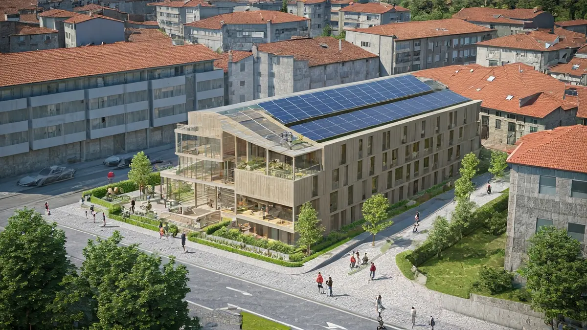 Imaxe dun edificio de vivendas públicas con paneis solares e deseño moderno.