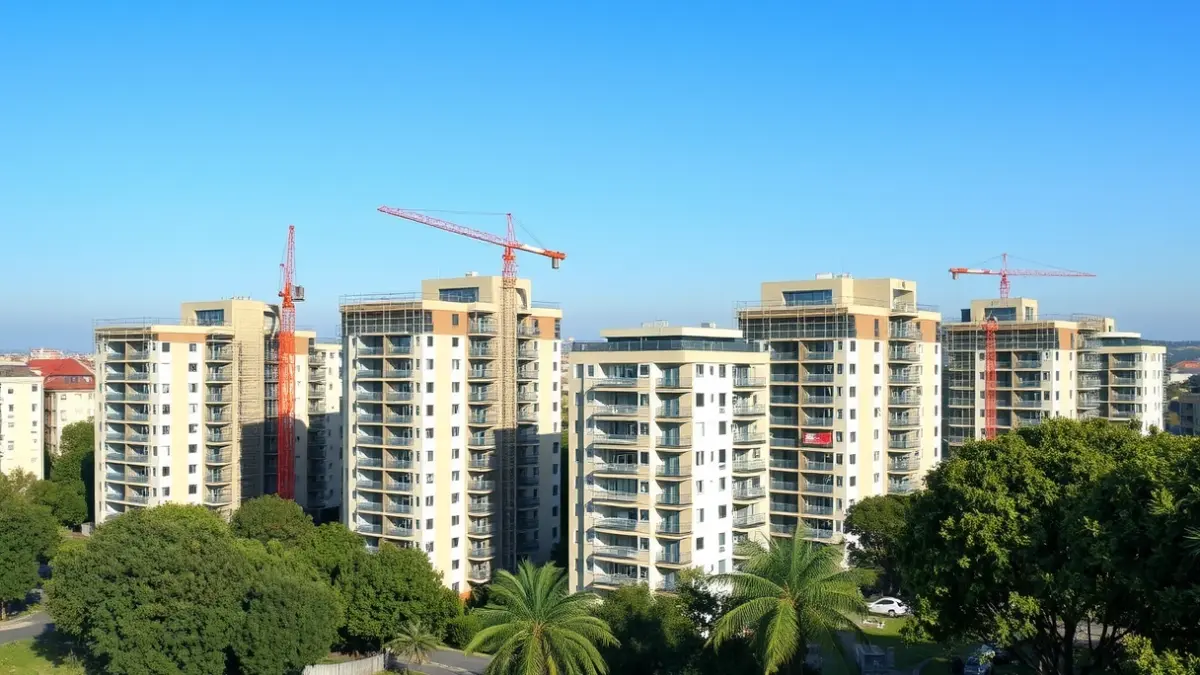 Imaxe de edificios de vivendas en construción nunha zona urbana verde.
