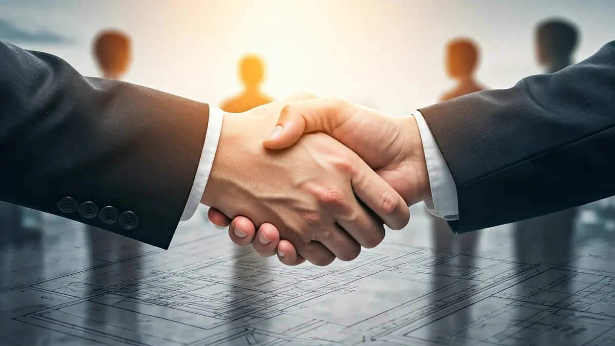 Imaxe xenérica de planos industriais e un aperto de mans, simbolizando investimento.