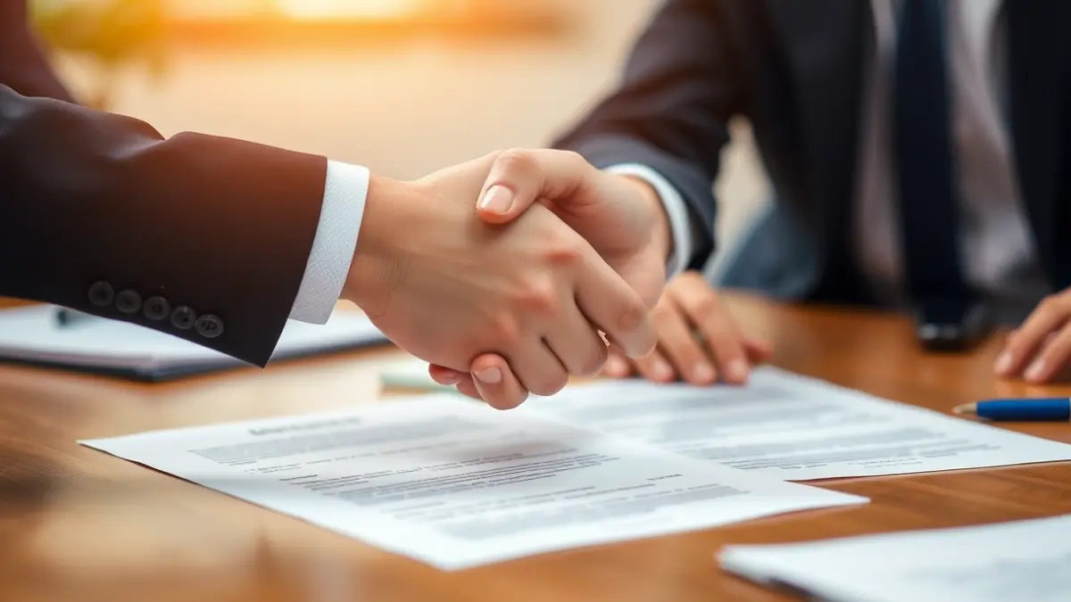 Imaxe xenérica de mans estreitándose sobre unha mesa, simbolizando un acordo comercial.