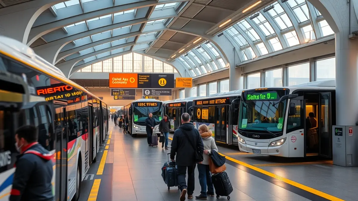 Imaxe xenérica dunha estación de autobuses con pasaxeiros e autobuses.