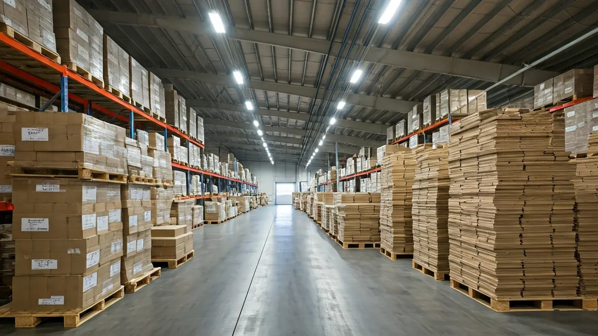 Imaxe xenérica dun almacén con palés de libros.