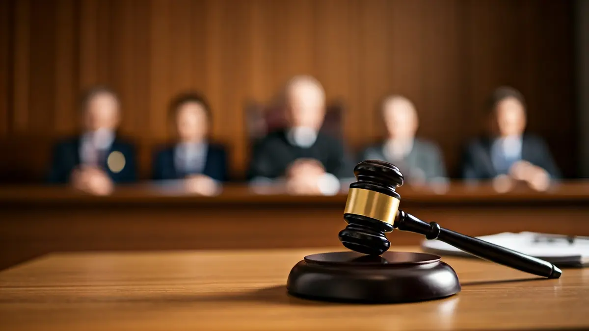 Imaxe xenérica dun mazo de xuíz sobre unha mesa de madeira nun xulgado.