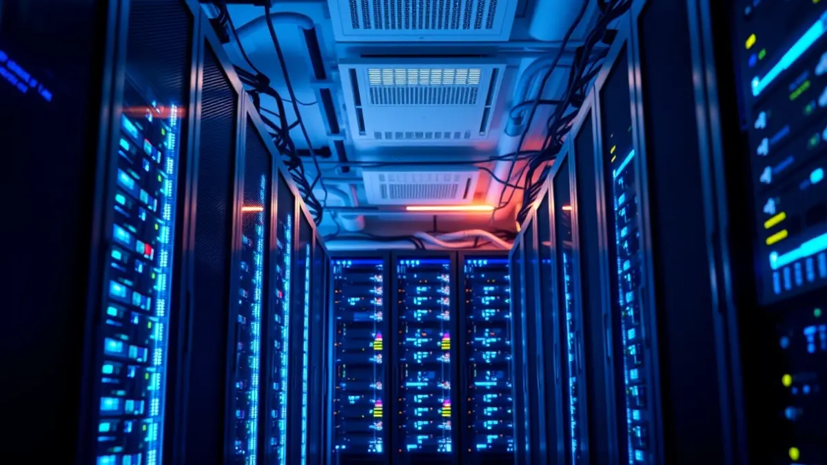 Imagen genérica de un centro de datos con servidores y luces parpadeantes.