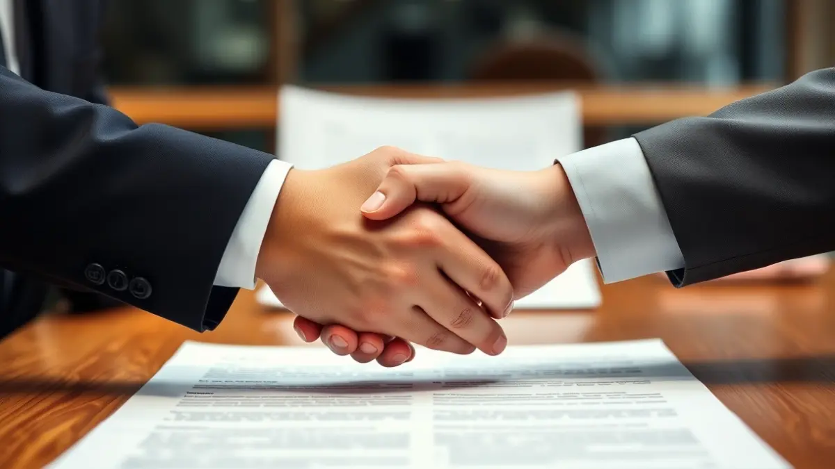 Imaxe xenérica de dúas mans estreitándose sobre unha mesa de oficina, simbolizando un compromiso empresarial.