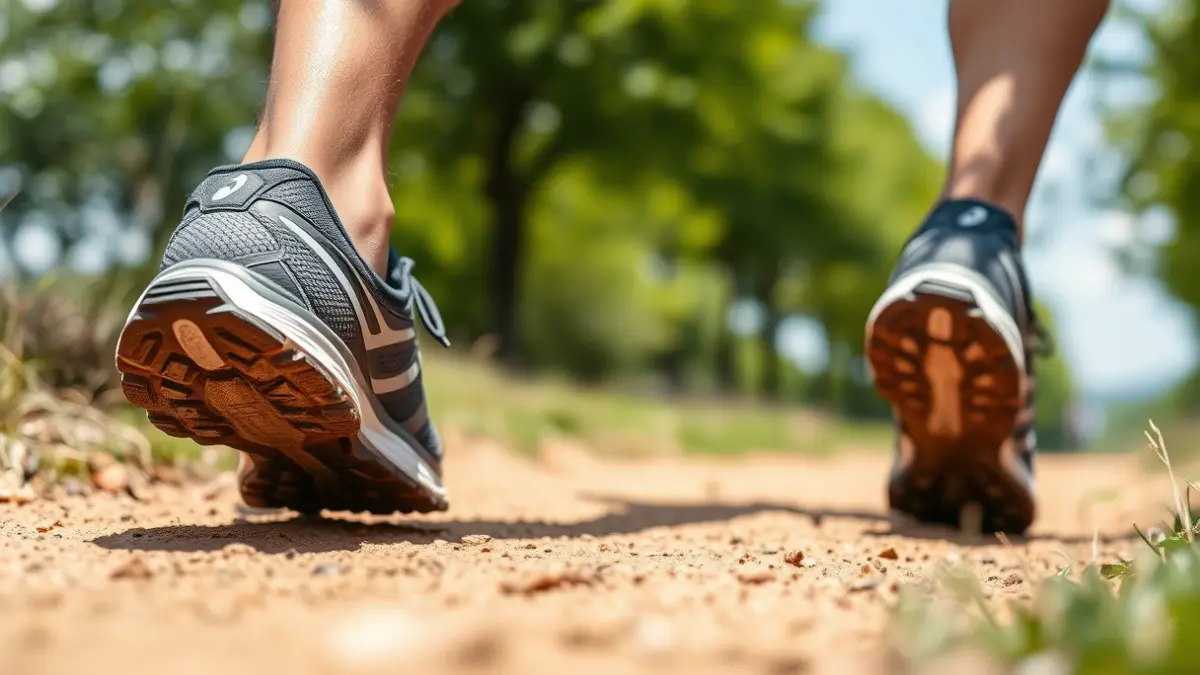 Imaxe xenérica de zapatillas de correr nun sendeiro de terra, con árbores ao fondo.