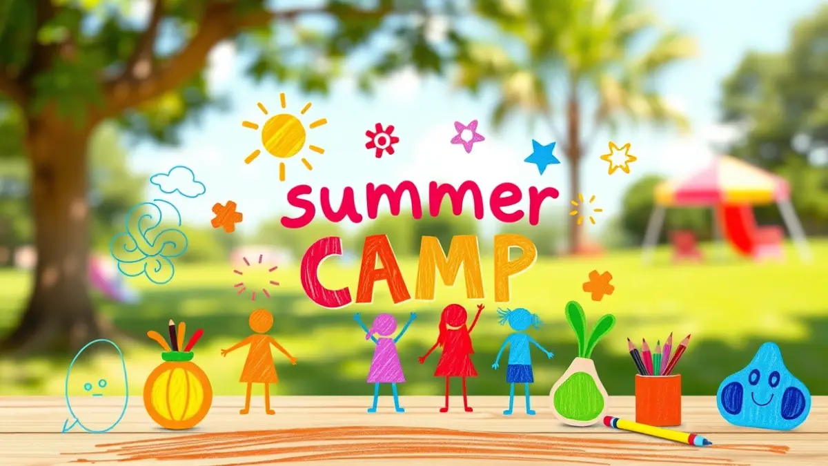 Imagen genérica de dibujos infantiles y formas lúdicas que simbolizan actividades de campamento de verano.