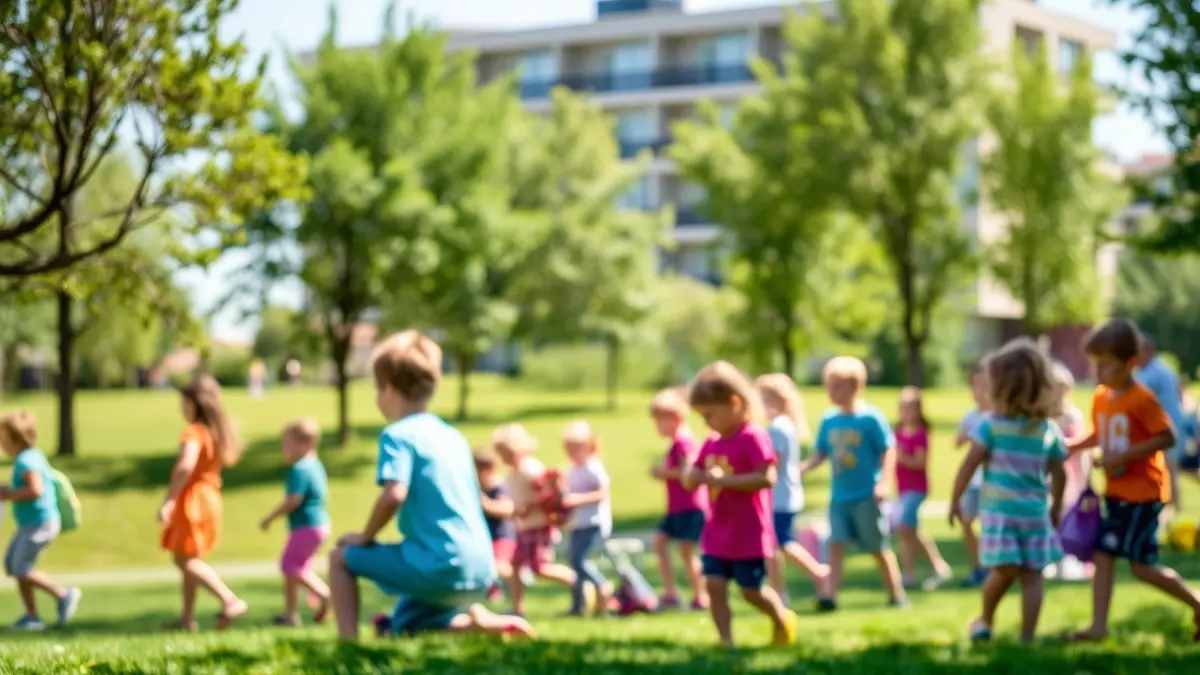 Imaxe xenérica de nenos e nenas participando en actividades ao aire libre nun campamento de verán.