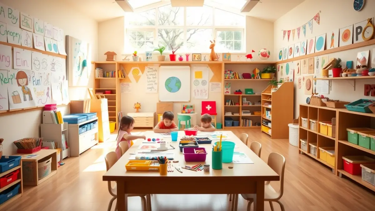 Imagen genérica de un aula de actividades infantiles con materiales de colores.