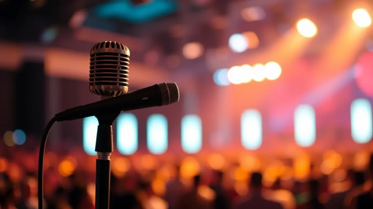 Imagen genérica de un micrófono en un escenario, con luces de público difuminadas al fondo.