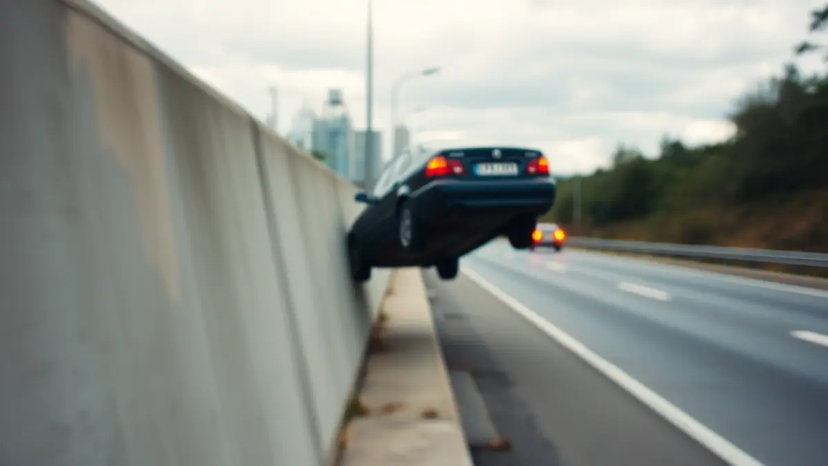 Imaxe dun coche accidentado colgando dun muro na rúa Alfonso XIII en Vigo.