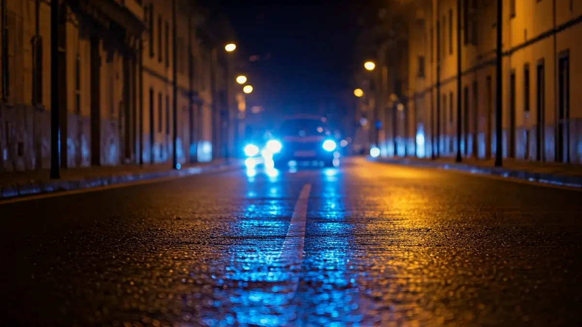 Imaxe xenérica de luces de emerxencia reflectíndose sobre asfalto mollado nunha contorna urbana galega.