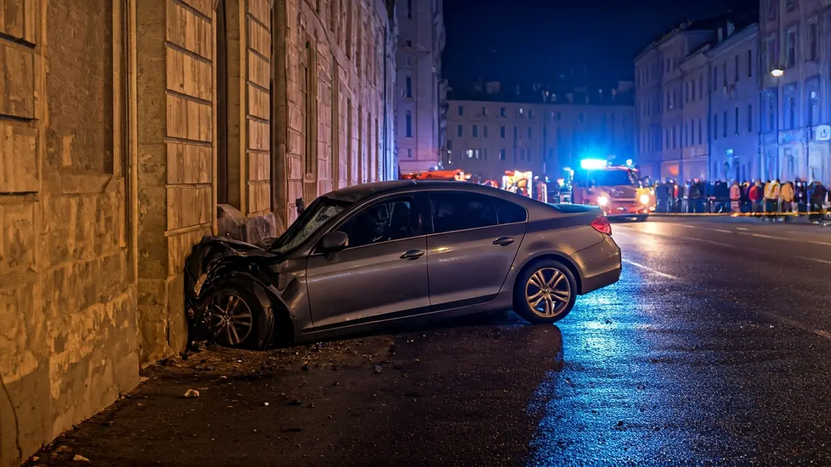 Imaxe dun coche empotrado nun edificio tras un accidente de tráfico.