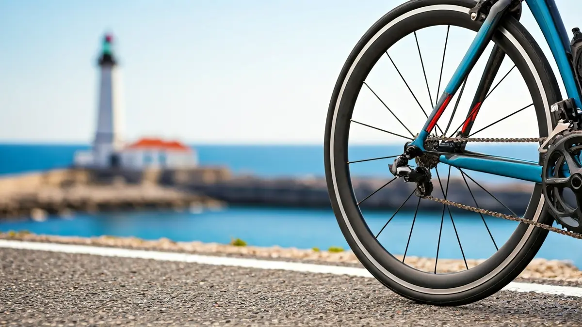 Imagen de una rueda de bicicleta en una carretera costera con la Torre de Hércules al fondo.
