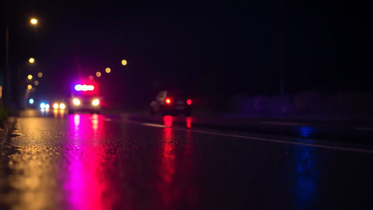 Imaxe xenérica de luces de emerxencia reflectíndose sobre asfalto mollado pola noite.