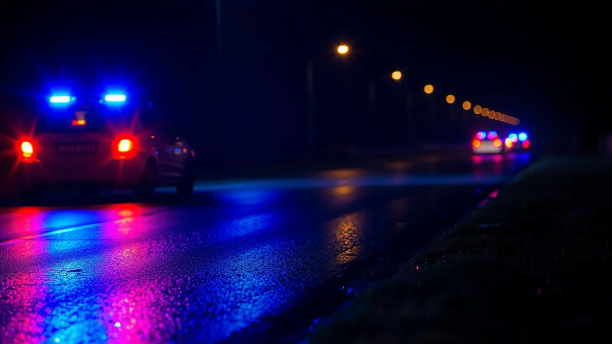 Imaxe xenérica de luces de emerxencia reflectíndose sobre asfalto mollado pola noite.