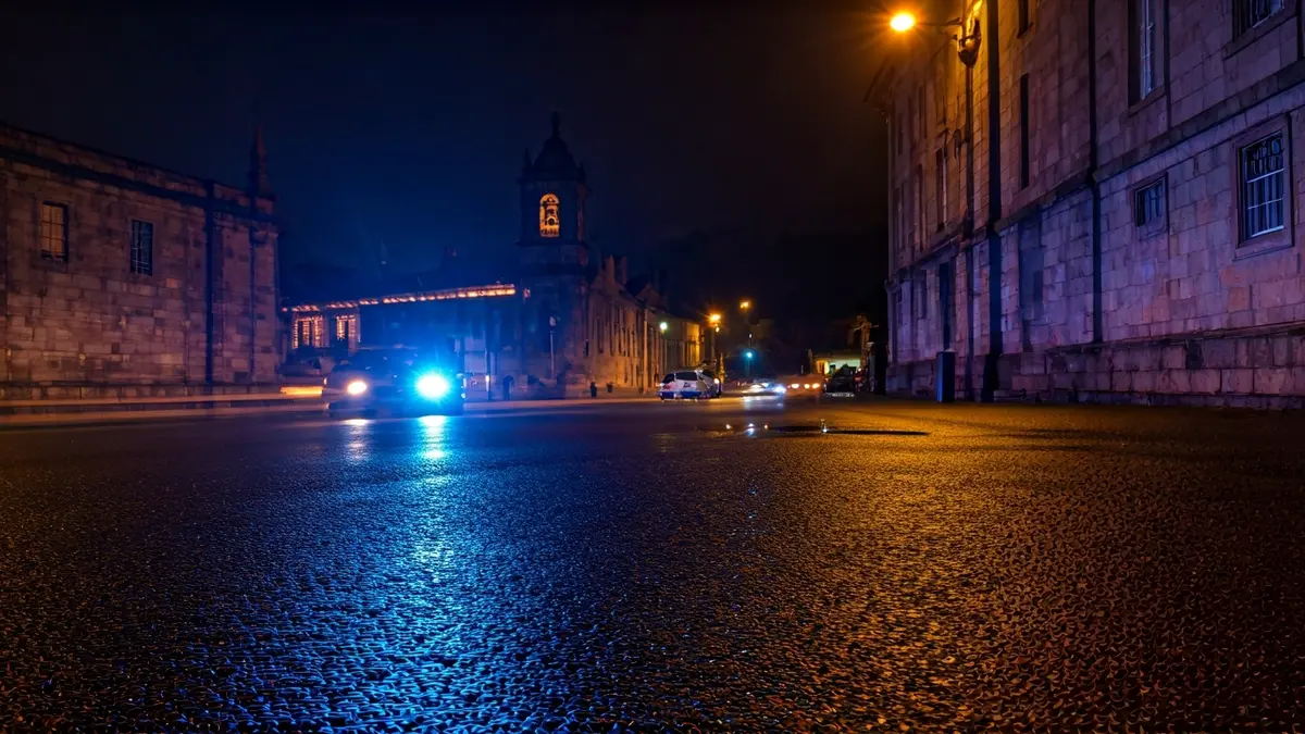 Imaxe xenérica de luces de emerxencia reflectidas sobre asfalto mollado.
