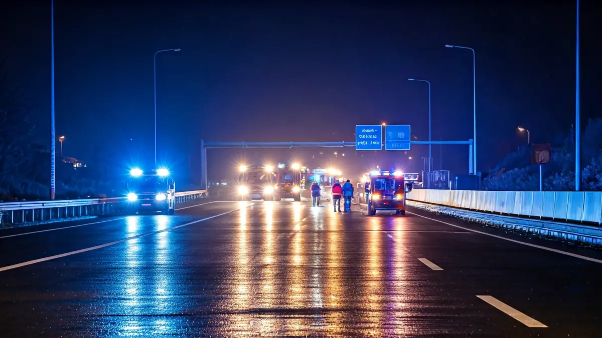 Imaxe xenérica de luces de emerxencia nunha estrada mollada pola noite.