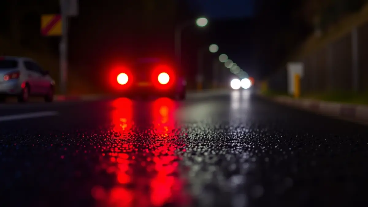 Imaxe xenérica de luces de emerxencia reflectidas sobre asfalto mollado.