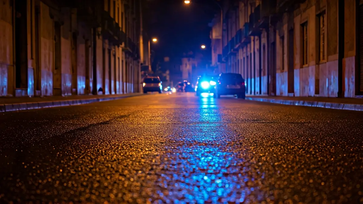 Imaxe xenérica de luces de emerxencia reflectidas no asfalto mollado.