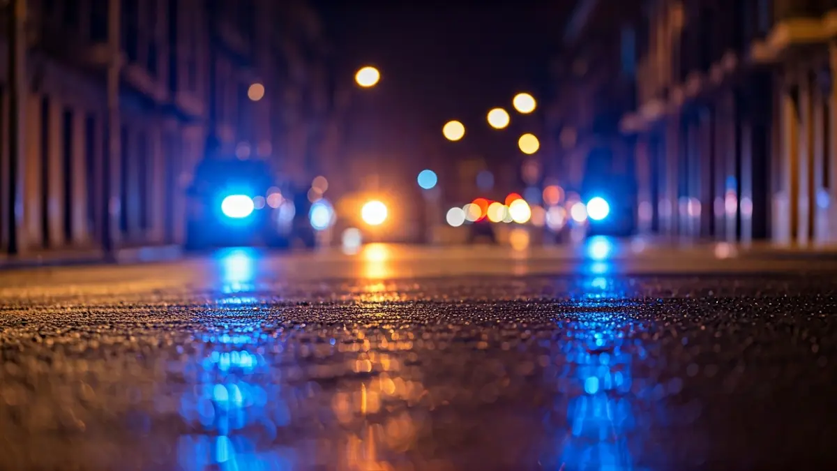 Imaxe xenérica de luces de emerxencia reflectidas sobre asfalto mollado.