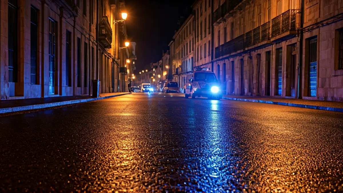 Imagen genérica de luces de emergencia reflejándose sobre asfalto mojado.