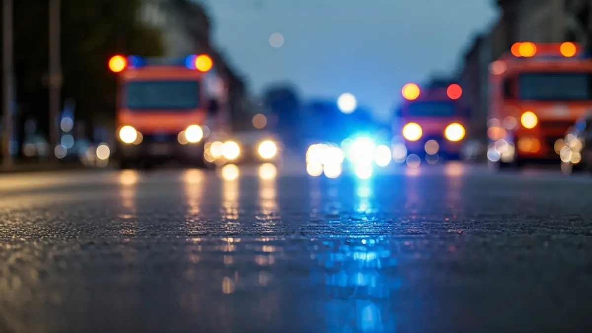 Imaxe xenérica de luces de emerxencia reflectíndose sobre asfalto mollado ao amencer.