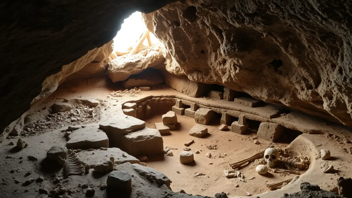 Imagen de una excavación arqueológica en el interior de una cueva, con restos óseos y estructuras de piedra expuestos.