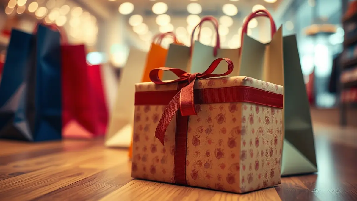 Imagen genérica de un regalo envuelto con bolsas de compra al fondo.