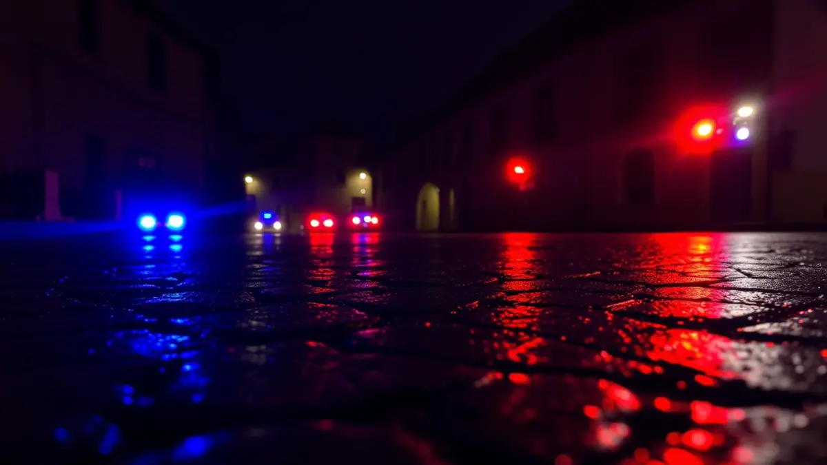 Imagen genérica de luces de emergencia reflejándose sobre asfalto mojado en un entorno urbano gallego.