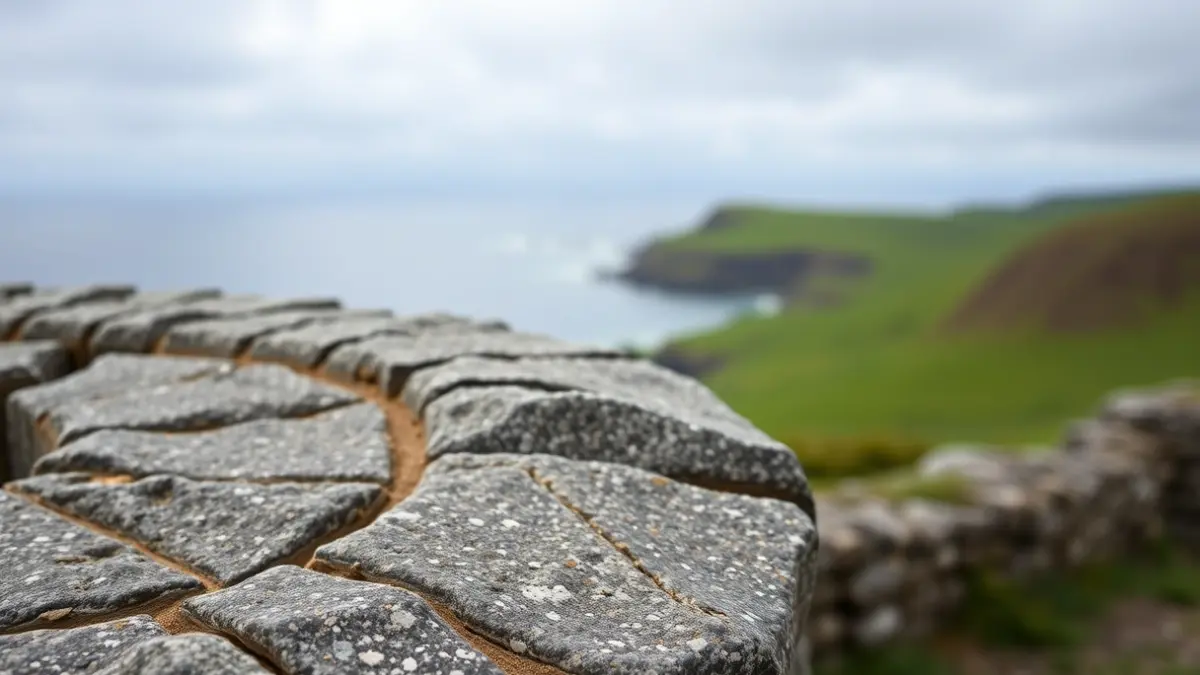 Imaxe dun hórreo tradicional galego de granito, con paisaxe atlántica verde de fondo.