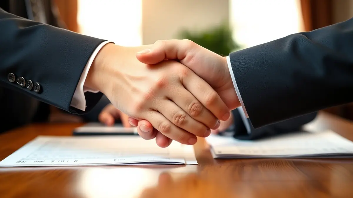 Imaxe xenérica de dúas mans estreitándose sobre unha mesa con papeis, simbolizando un acordo ou diálogo institucional.