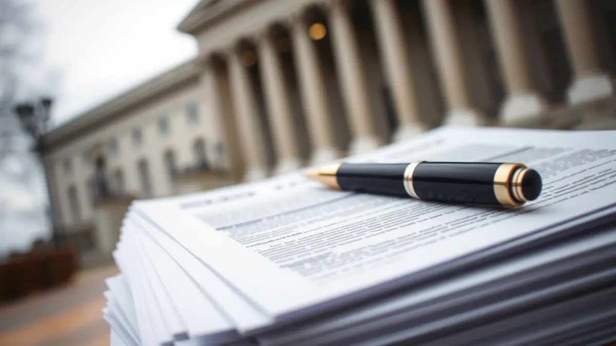 Imagen genérica de documentos oficiales y una pluma, con un edificio gubernamental de fondo.